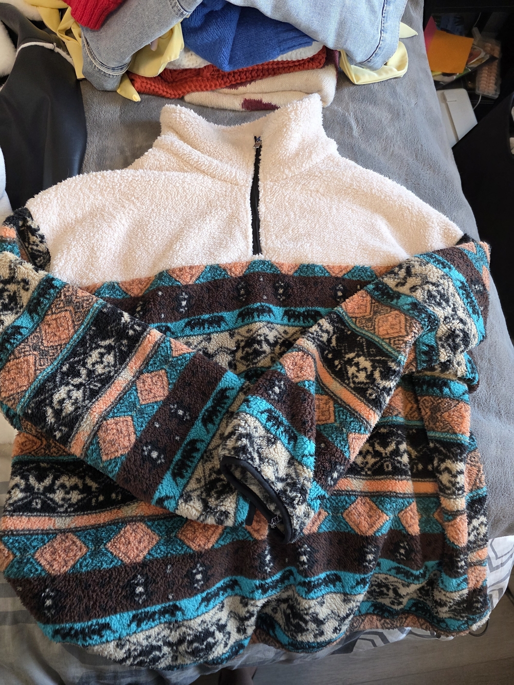 SHEIN Cream Sherpa Pullover with Teal & Peach Geo Pattern
